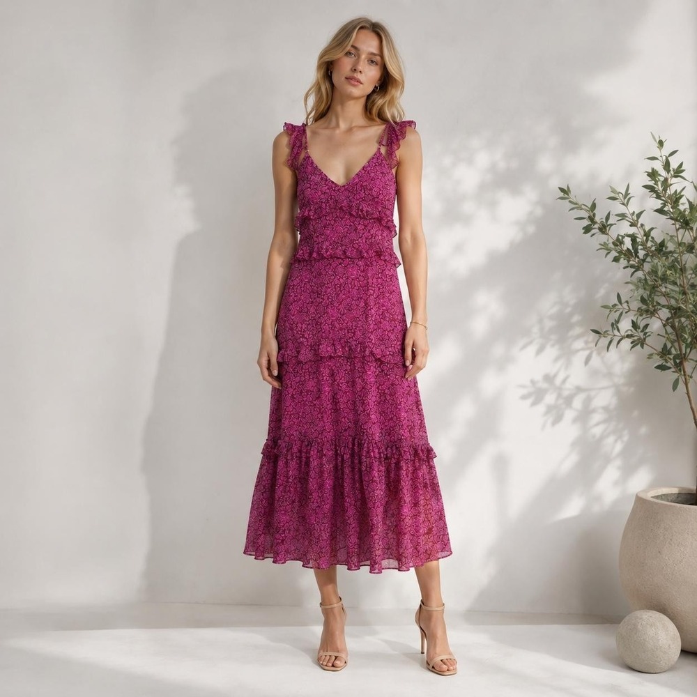 O.P.T Women's New Maxi Dress SMALL Paisley Ruffle‎ Pink Boho Sleeveless